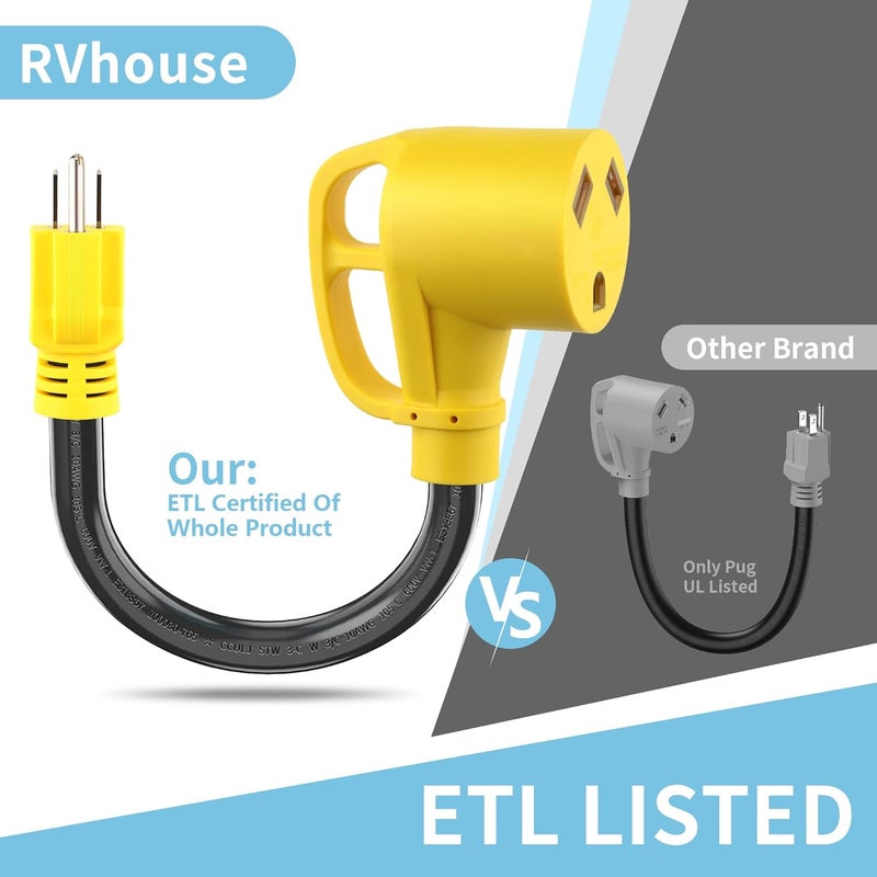 Rvhouse 30 Amp to 15 Amp 110V RV Adapter Cord 18 Inch NEMA 5-15P Male to TT-30R Female Power Dogbone with Grip Handle Heavy Duty Electrical Adapter for Trailer Camper, ETL Listed - Image 4